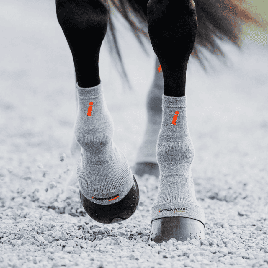 Incrediwear COOLING & CIRCULATION hoofs, hocks & legs koeling hoeven benen ijs ice pack sokken paard pony pees blessure pezen dierenarts hoefbevangen ontsteking circulatie zwart aan knieen benen grijs bewegen trainen tijdens training