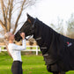 Catago FIR-TECH rug zwart blauw navy deken rug back hals nek zwart recuptex circulatie lak shine dierenarts rugblessure paard pony magneet magnetisch blessure doorbloeding artrose wedstrijd kentucky bond bont luxe chique magneet blauw zwart navy ontspannen relaxe  infrared infrarood