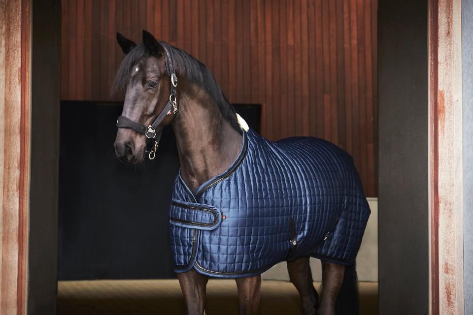 Catago FIR-TECH show rug 100 gram blauw navy lak recuptex circulatie rugblessure paard pony magneet magnetisch blessure doorbloeding artrose wedstrijd kentucky bond bont luxe chique aan foto
