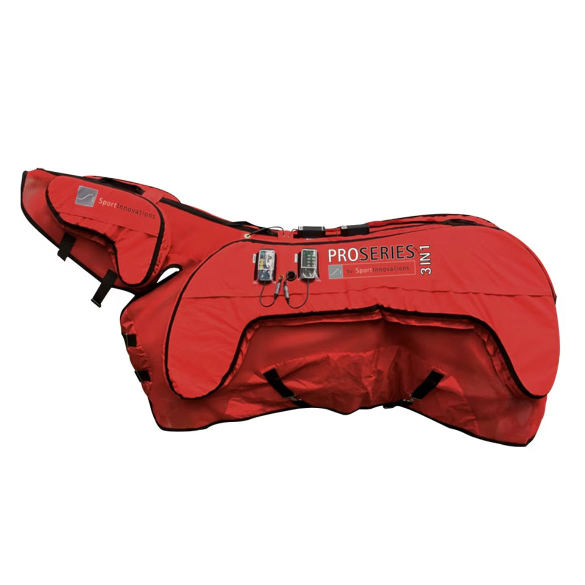 Sportinnovations PEMF & VIBRATION & HEAT 3in1 proserie rug blanked deken neck nek hals magneet circulatie verwarmen paard pony blessure artrose spieren weefsel cellen herstellen dierenarts wellness ontsteking ontstoken doorbloeding beweging soepeler benen pees blessure pezen weefsel gat herstellen help soepel training dressuur springen rood warming up cooling down alles in een 1 knop bediening paneel keuzes massage verwarmen trillen vibratie recuptex bucas